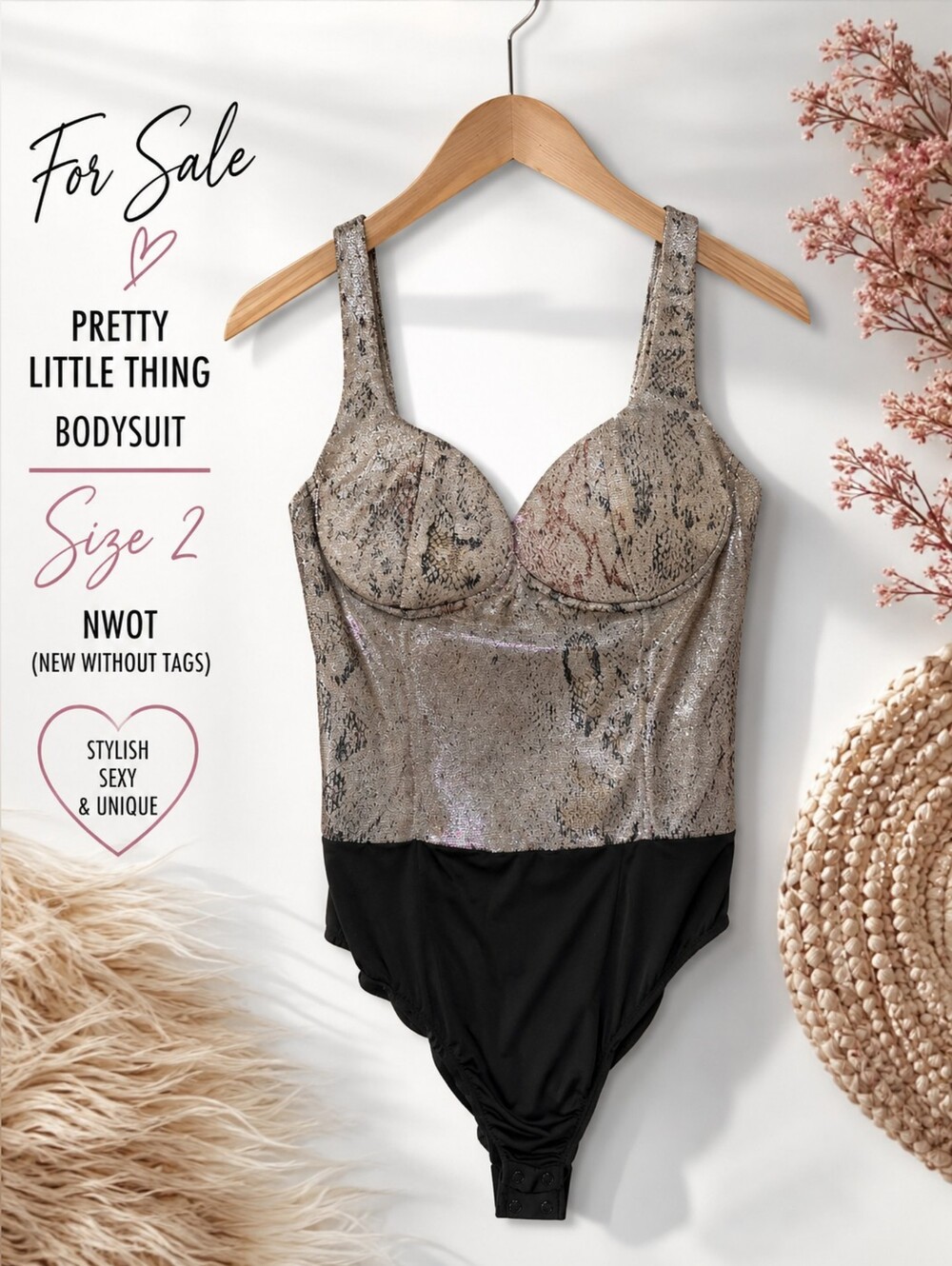 PrettyLittleThing Metallic Snake Print Bustier Bodysuit in Silver and Black